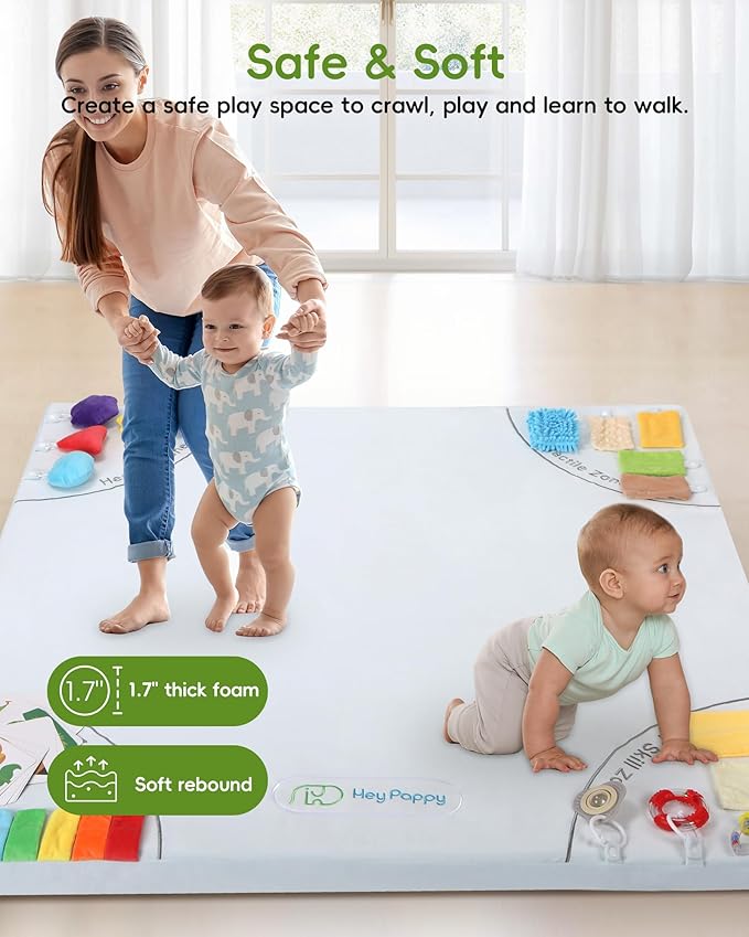 Baby Play Mat, 50''x50'' Playpen Mats with 4 Sensory Development Zones for Motor Skills, Unique Crawling Mats with Non-Slip Cushioned That Fits Nicely into Any Playroom, Grey-CubbioJoy
