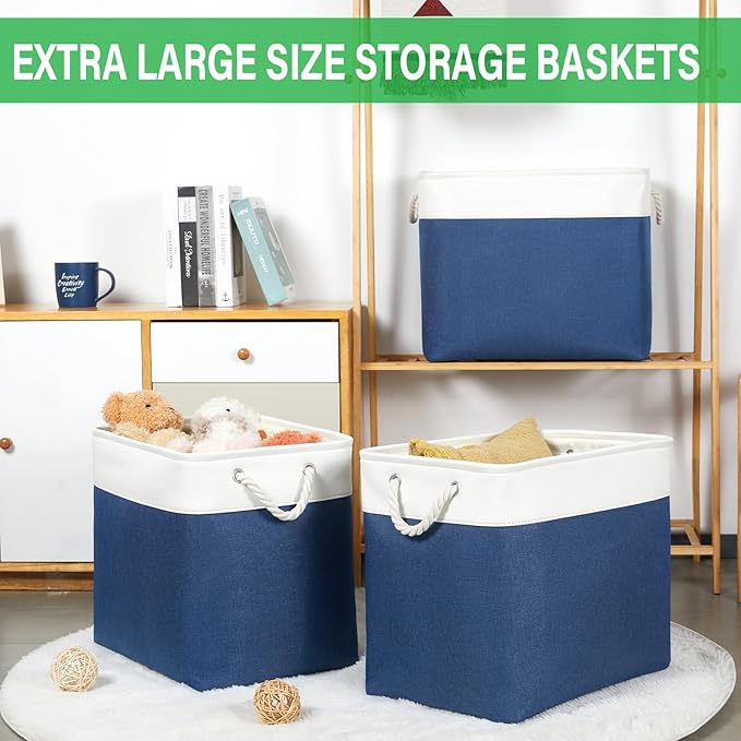 Bidtakay Extra Large Storage Baskets for Shelves 3 Pack Fabric Storage Bins for Organizing Linen Collapsible Organizer for Closet-White&Blue-CubbioJoy