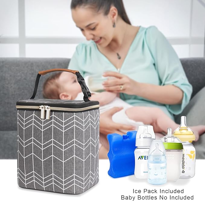 Breast Milk Cooler Bag with Ice Pack Fits 4 Baby Bottles Up to 9 Ounce, Baby Bottle Bag Great for Nursing Mom Daycare, Grey-CubbioJoy