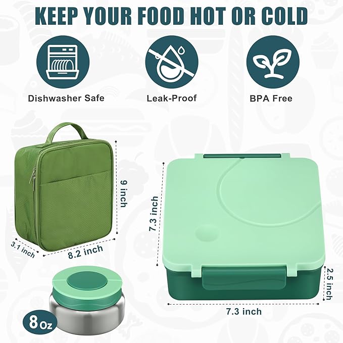 Bento Lunch Box for Kids with 8oz Soup Thermo&Lunch Bag, Leak-Proof Lunch Food Containers with 4 Compartment, Hot Food Insulated Food Jar for Kids School (Green)-CubbioJoy