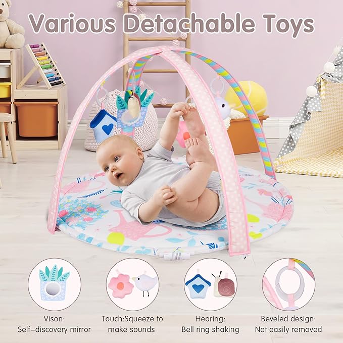 Activity Gym, Baby Play Gym Mat for Toddlers, 0-18 Months Tummy Time Play Mats, Infant Play Gym with Detachable Toys for Sensory Exploration and Motor Skill Development, PM2407-CubbioJoy