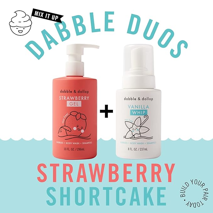 Dabble & Dollop Strawberry + Vanilla Body Wash & Shampoo – 3-in-1 Natural Bubble Bath for Kids, Made in USA, No Parabens or Sulfates, Vegan, Gluten-Free, Tear-Free (2-Pack)-CubbioJoy