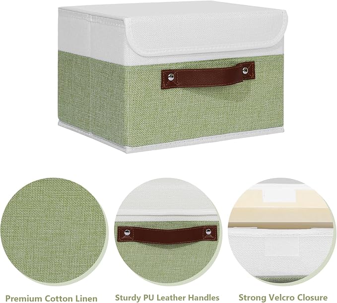 ANMINY 2PCS Storage Boxes with Lid Washable Decorative Storage Bins Basket with PU Leather Handle Foldable Linen Fabric Storage Cubes Containers for Home Closet Organizer - Green White, Small Size-CubbioJoy