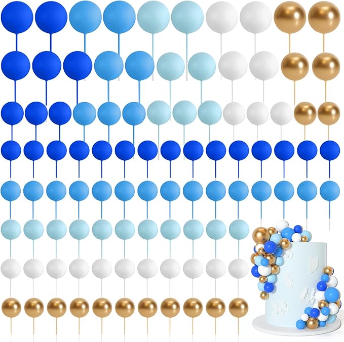 75 Pieces Cake Balls Topper Decorations Foam Cupcake Topper Mini Balloon Cake Topper Balls Cake Picks for Cake Deco Birthday Party Wedding（Blue Gold White Series）-CubbioJoy