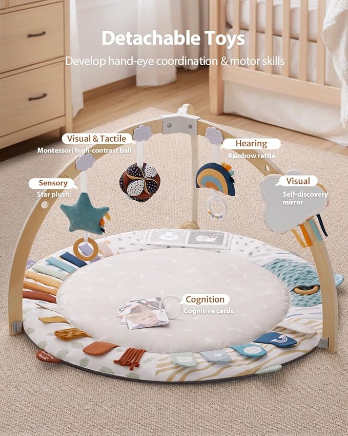 Blissful Diary Baby Play Gym & Activity Mat, 5 Developmental Zones Wooden Tummy Time Mat with 5 Detachable Sensory Toys for Motor Skills & Sensory Development, Baby Essentials Shower Gift-CubbioJoy