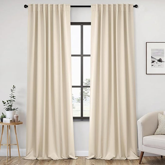ANRODUO Back Tab Blackout Curtains for Bedroom Living Room, Rod Pocket Pinch Pleated Thermal Insulated Room Darkening Curtains 96 Inches Long 2 Panels, Cream Beige, 52 x 96 Inch-CubbioJoy