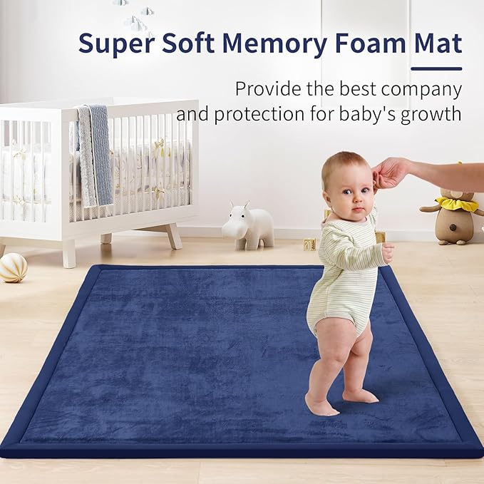 ACOMOPACK Baby Play Mat for Floor 1.3" Thick Memory Foam Play Mat 79"×157 Tummy Time Crawling with Non-Slip Bottom for Living Room,Nursery,Soft Velvet Playpen Mats for Kids,Infants（Royal Blue）-CubbioJoy