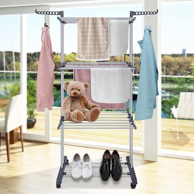 Bigzzia Clothes Drying Rack Folding Drying Rack Clothing 4 Tier Clothes Horses Rack Stainless Steel Laundry Drying Rack with Two Side Wings Grey-CubbioJoy