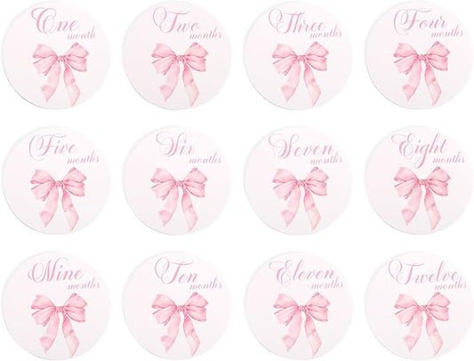 Bow Baby Monthly Milestone Markers - Baby Monthly Milestone Discs Photos,Coquette Bow Month Photo Signs,Baby’S First Year Newborn Signs for Girl (Pink)-CubbioJoy