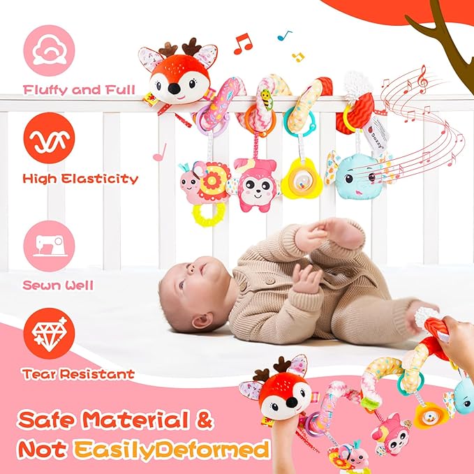 Car Seat Toys, Cute Deer Car Seat Toys for Babies 0-6 Months Boy, Stroller Toys with Crinkle, Teether, Music Box, Rattle, BB Squeaker for 0 3 6 9 12 Months Babies Infant Boys Girls Gifts (Cute Deer)-CubbioJoy