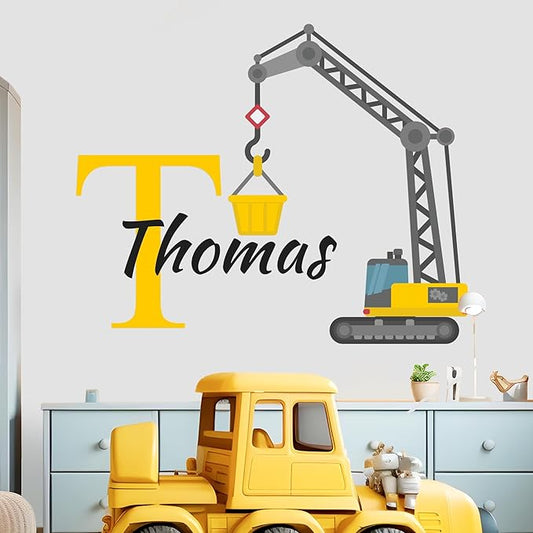Custom Toddler Construction Crane Wall Decal I Personalized Name & Initial I Nursery Wall Decal for Toddler Room Decorations I Wall Sticker for Bedroom Wide 42"x35" Height (Shown) (Large)-CubbioJoy