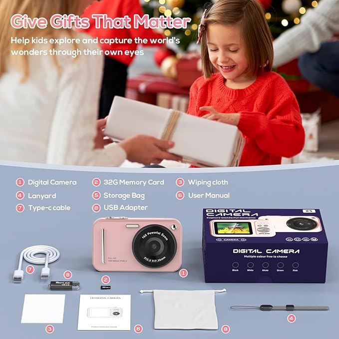 Digital Camera for Kids, WITYEAH 48MP FHD 1080P Point and Shoot Digital Cameras with 16X Zoom Anti-Shake, Compact Portable Cameras for Photography, for Boys Girls Teens Beginners-Pink-CubbioJoy