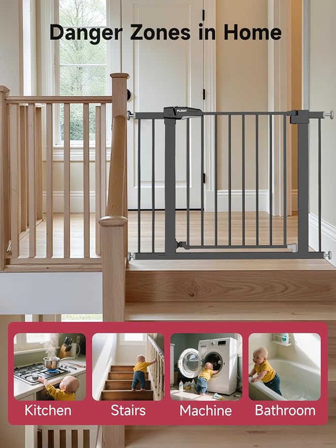 Baby Gate for Stairs, 29.5-40.5" Dog Gate for Doorways, Walk Thru Auto Close Metal Child Gate for The House, Stairs and Doorways, Pressure Mounted Pet Gate for Dog Indoor (Black)-CubbioJoy