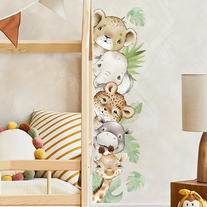 55.12 x 15.75 InchWatercolor Jungle Animal Wall Decals Tiger Elephant Zebra Giraffe Hippo Forest Wall Stickers Removable Peel and Stick Stickers for Baby Nursery Playroom Bedroom Classroom-CubbioJoy