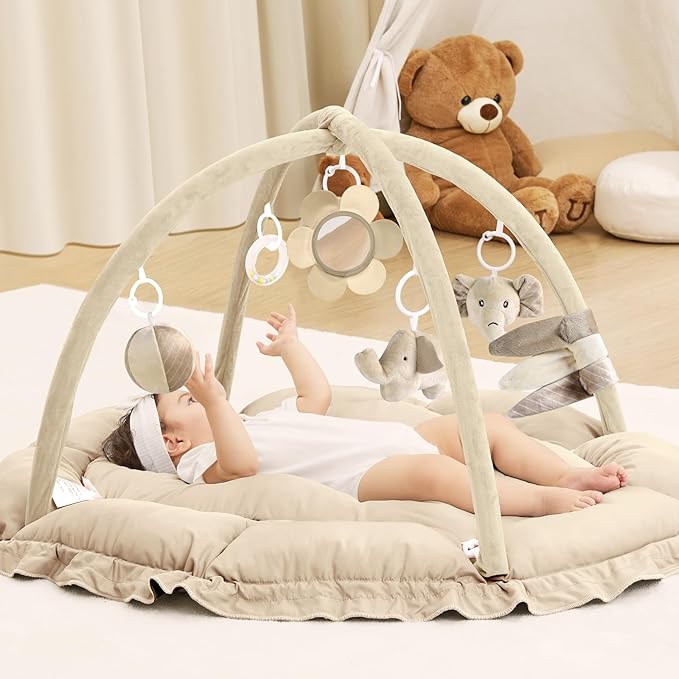 ANGELBLISS 5 in 1 Baby Play Gym Mat, Reversible Tummy Time Mat with 5 Sensory Toys for Stage-Based Developmental, Thick & Large Baby Activity Center from Newborn to Toddler (Khaki)-CubbioJoy