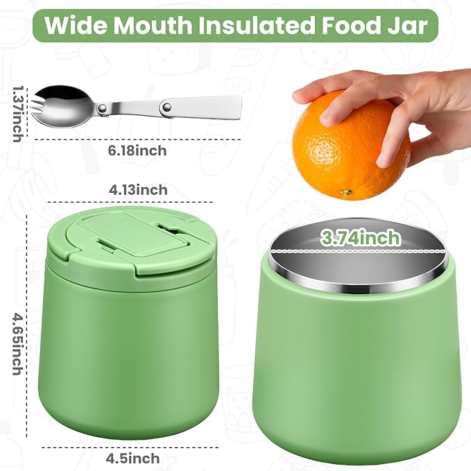 20oz Insulated Vacuum Food Jar with Buckle Lid,Soup Thermo for Hot Food Kids,Wide Mouth Leakproof Stainless Steel Lunch Container with Spoon-Green-CubbioJoy