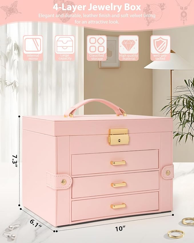 AKOZLIN Large 4-Tier Jewelry Box Leather Jewelry Storage Organizer with 3 Drawers Lockable for Women Girls Ring Necklace Earring Bracelet Watches Holder with Mirror Pink-CubbioJoy