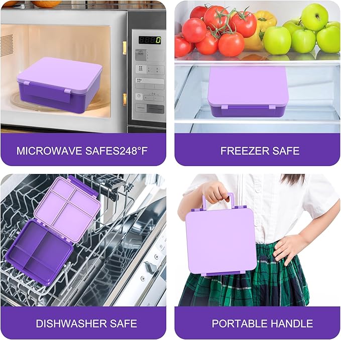 Bento Lunch Box with 8oz Soup Thermo, Kids Leakproof Lunch Food Containers with 4 Compartment, Kids Thermo Insulated Hot Food Jar for School, Trvael (Purple)-CubbioJoy