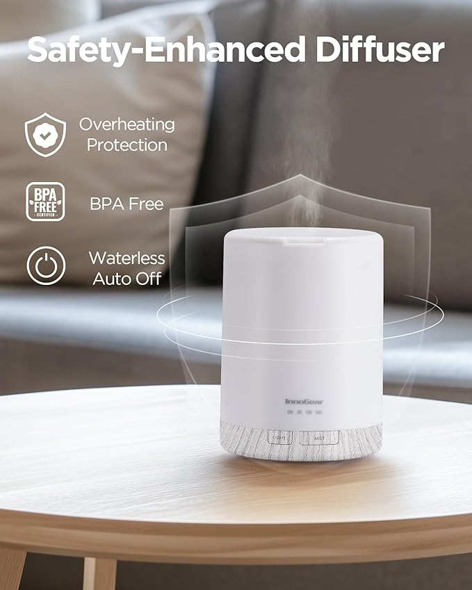 InnoGear 300ML Essential Oil Diffuser, Premium 5-in-1 Ultrasonic Aromatherapy Diffusers Scent Humidifier Aroma Diffuser Vaporizer Auto-Off Timer for Room Office Home, White, Medium-CubbioJoy