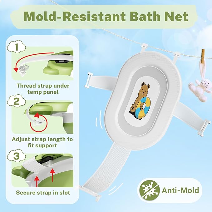 AVIDOR Baby Bathtub,Collapsible Bathtub for Newborn to Toddler,Durable Essential Infant Bath Tub,Portable Travel Baby Tub with Soft Cushion,No-Slip Hanging and Detachable(Green)-CubbioJoy