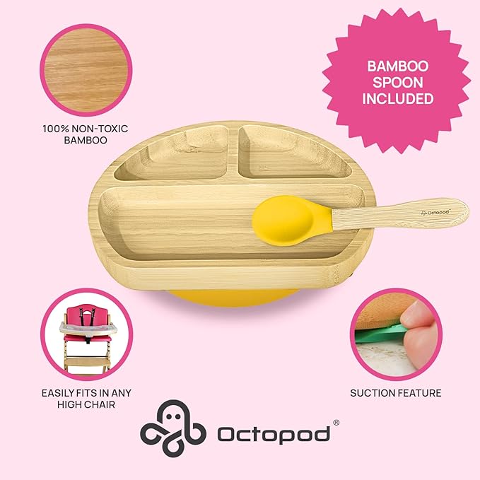Abiie Octopod Bamboo Dish - Kids Plates for 4 months and up, 3-Compartment Baby Plates with Suction, Triangle Bamboo Baby Plate, Mess-Free Toddler Suction Plates, Baby Feeding Supplies, 8.3x1.9x7.7 in-CubbioJoy