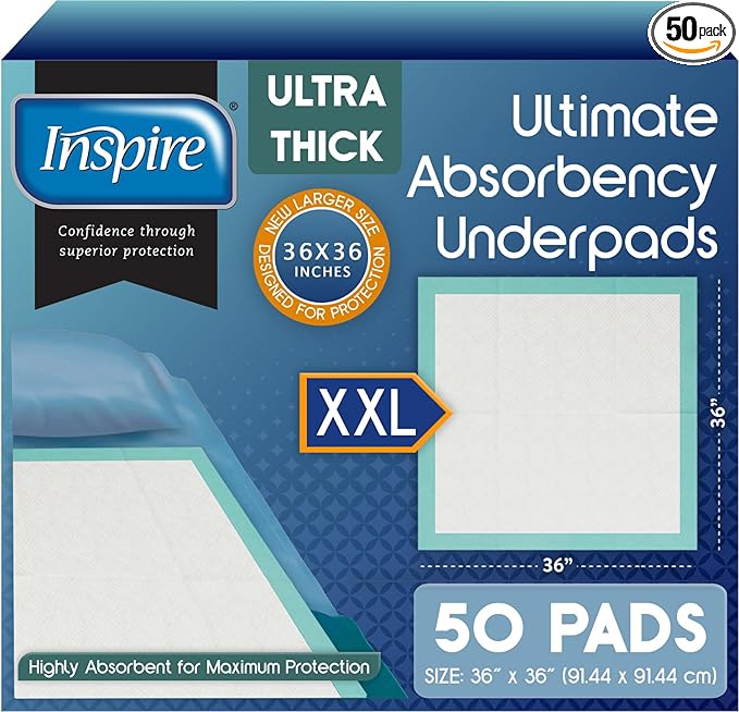Inspire Extra Large Super Absorbent Disposable Bed Pads for Incontinence (36" X 36" Pack of 50) Ultra Thick and Absorbent Underpads Chux Adults, Puppies, Dogs Kids Furniture Protection-CubbioJoy