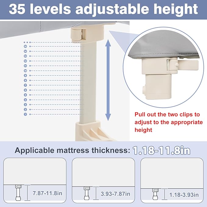 Ciilee Baby Bed Rail for Toddlers Portable Travel Kids Beds Guard Rails for Queen Bed Foldable Children Side Railing for Twin Beds Adjustable Bedrail Barandas para Camas de Niños（Grey,48in-CubbioJoy