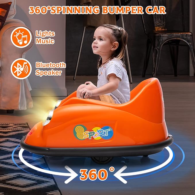 12V Bumper Car for Toddlers, Electric Toy Ride on Battery Car with Kids W/Parent Remote Control, 2-Speed, 360 Degree Spin, Music & LED Lights for Kids, Orange-CubbioJoy