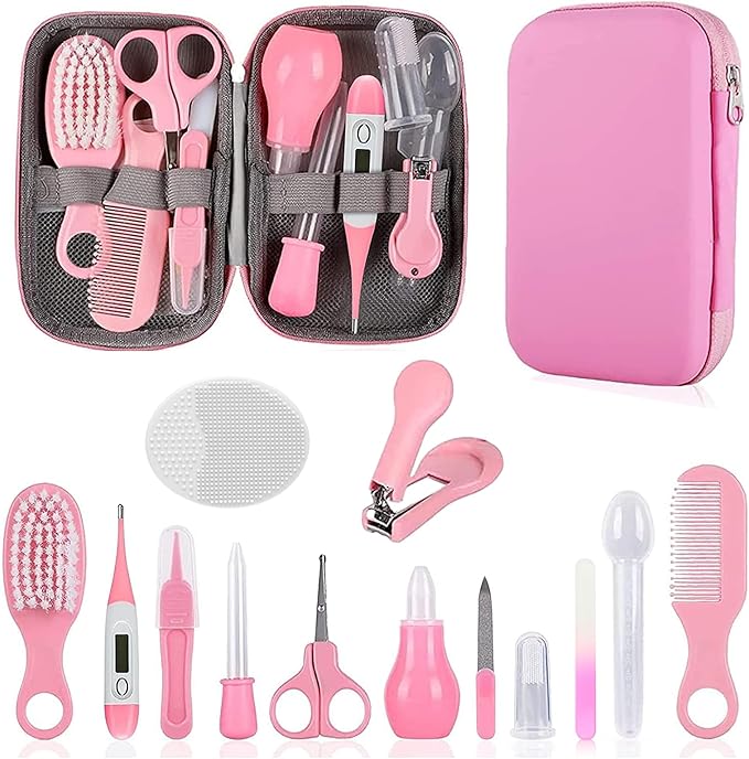 Baby Grooming Kit, Infant Safety Care Set with Hair Brush Comb Nail Clipper Nasal Aspirator,Baby Essentials Kit for Newborn Girls Boys (Pink)-CubbioJoy
