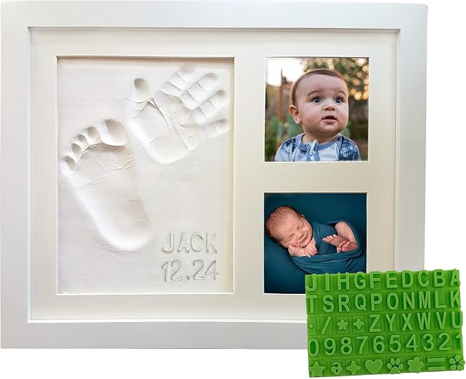 Baby Hand & Footprint Frame Keepsake Kit | Capture Milestone Moments with Safe Clay, Stencil Set & Wood Frame | Perfect Newborn Gift for Baby Showers | White-CubbioJoy