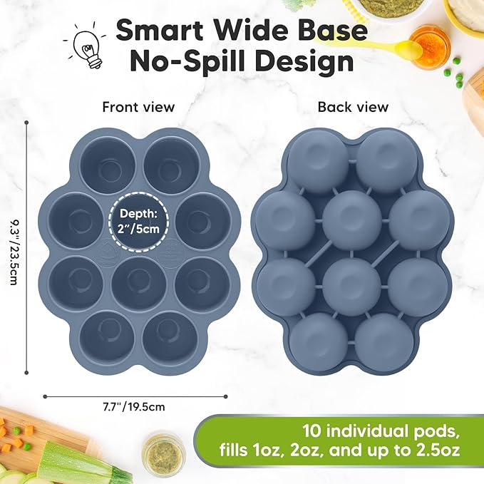 KeaBabies Silicone Food Freezer Trays with Lid, 2oz x 10 Pods Baby Food Storage Containers, Easy Puree Meal Prep, Breast Milk Silicone Freezer Molds, Dishwasher, Microwave Safe, BPA-Free (Slate)-CubbioJoy