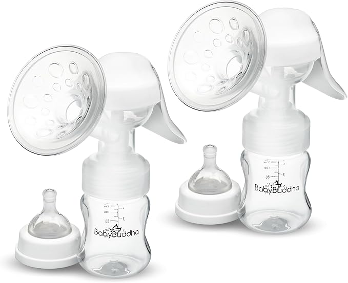 BabyBuddha Manual Breast Pump, Single Hand Expression Breastmilk Pump, Cordless and Portable, No Batteries or Power Needed, Soft Silicone Massage Cushion, BPA Free, Quiet, Dishwasher Safe, 2 Pack-CubbioJoy