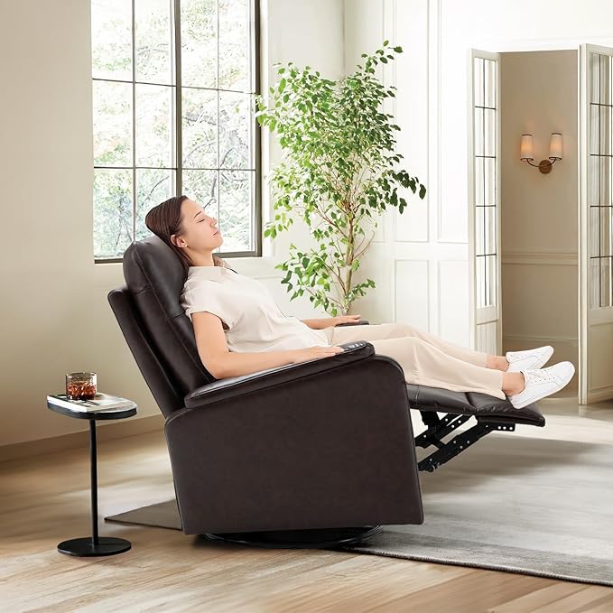 COLAMY Leather Swivel Recliner Chair with Footrest, Rocker Recliner Chair High Back with Double-Layer Cushion, Glider Recliner for Nursery & Living Room, Bedroom, Chocolate-CubbioJoy