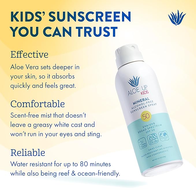Aloe Up Kids Broad Spectrum Mineral Sunscreen Spray SPF 50 - Alcohol-Free Face and Body Sun Protector for Sensitive Skin - With Gen2 Zinc Oxide and Aloe Vera - Reef Safe - Fragrance-Free - 4.5 Oz-CubbioJoy