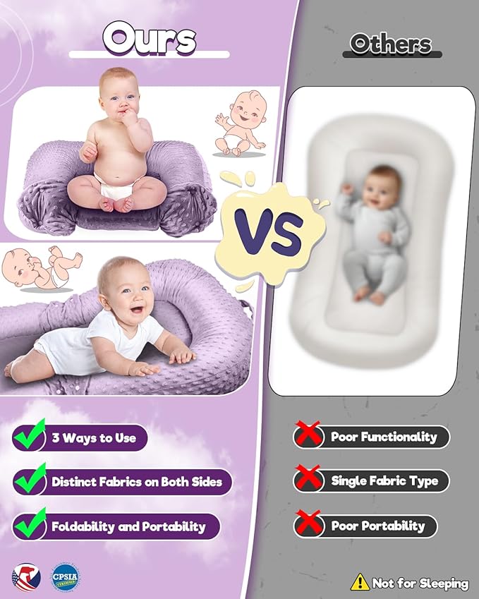 Baby Lounger Pillow 3-in-1 Infant Lounger Pillow for Newborn 0-24 Months, Portable Tummy Time Mat for Home and Travel, Breathable & Soft Baby Seat for Baby-CubbioJoy