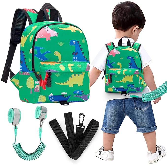 Accmor Toddler Backpack Leash with Anti Lost Wrist Link, Cute Mini Child Walking Harnesses Keep Kids Close Back Pack Rope Tether Rein for Baby Boys (Green/Dino)-CubbioJoy