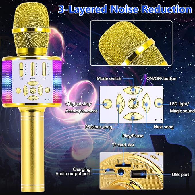 Amazmic Kids Karaoke Microphone Machine Toy Bluetooth Microphone Portable Wireless Karaoke Machine Handheld with LED Lights, Gift for Children Adults Birthday Party, Home KTV(Gold)-CubbioJoy