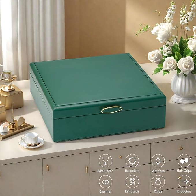 2-layer jewelry box，Jewelry Organizer with Handle，with hanging necklace hooks, detachable jewelry trays, suitable for storing a large amount of jewelry gift box (Large-Green)-CubbioJoy
