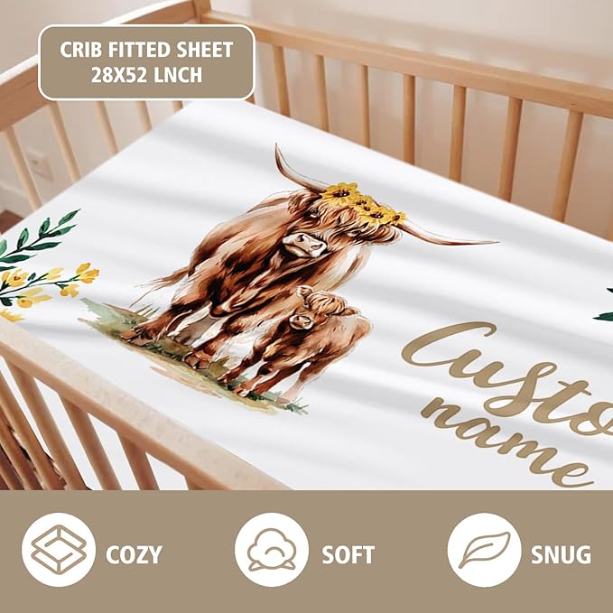 Custom Name Crib Bedding Set - Highland Cow Theme, Personalized Yellow Floral Nursery Bedding 3-Piece Set– Soft Blanket, Fitted Sheet, Changing Pad Cover – for Newborns Girls Nursery Gifts-CubbioJoy