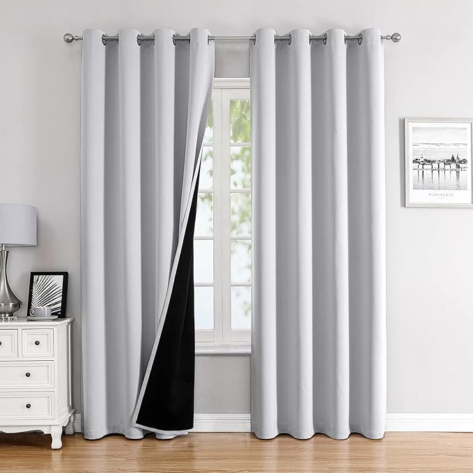 ChrisDowa 100% Blackout Curtains 80 inch Long for Bedroom with Black Liner, 2 Thick Layers Total Blackout Thermal Insulated Grommet Window Curtains 2 Panels Set (Greyish White, 52 x 80 Inch)-CubbioJoy