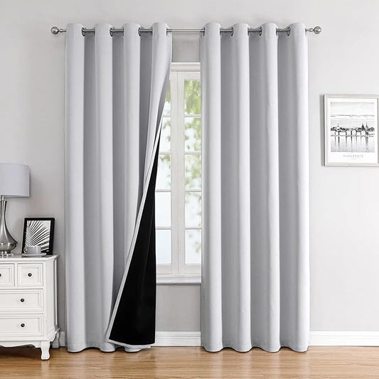 ChrisDowa 100% Blackout Curtains 102 inch Long for Bedroom with Black Liner, 2 Thick Layers Total Blackout Thermal Insulated Grommet Window Curtains 2 Panels Set (Greyish White, 52 x 102 Inch)-CubbioJoy