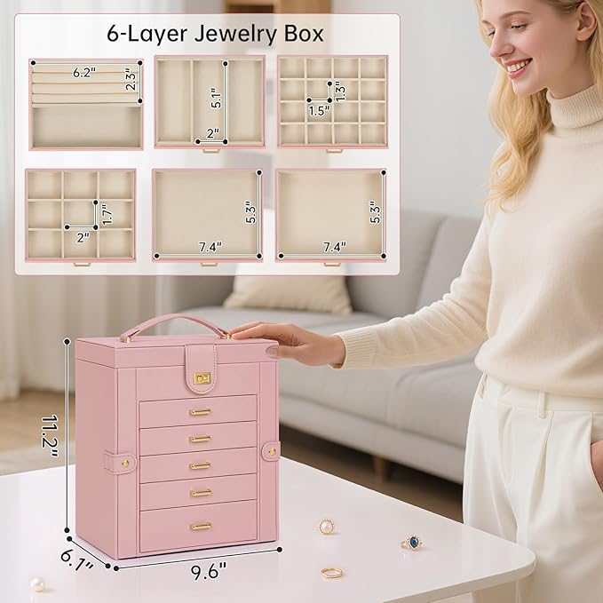 AKOZLIN 6-Tier Jewelry Box Organizer Functional 5 Drawers Leather Jewelry Storage Case for Women Girls Ring Necklace Earring Bracelet Holder Organizer with Mirror Pink-CubbioJoy