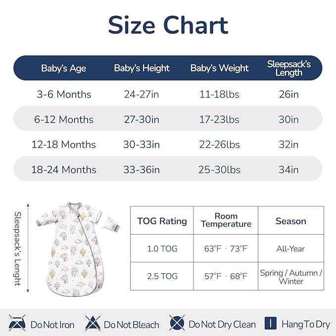 Baby Sleep Sack 3-6 Months, Cotton Detachable Long Sleeve Sleep Sack, 2.5 Tog Toddler Sleeping Sack with Temperature Strips, 2-Way Zipper Wearable Blankets for Newborns, Hot Air Balloon-CubbioJoy