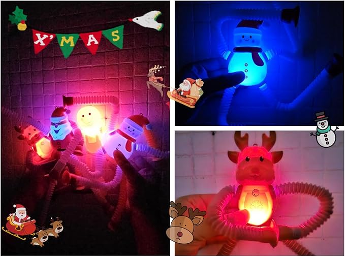 Christmas LED Pop Tubes Light Up 4 Pcs Sensory Fidget Toys, Telescopic Suction Cup Santa Toys Autism Christmas Party Favors Game Prizes Goody Bags Stocking Stuffers Treats for Kids 3+ (Christmas)-CubbioJoy