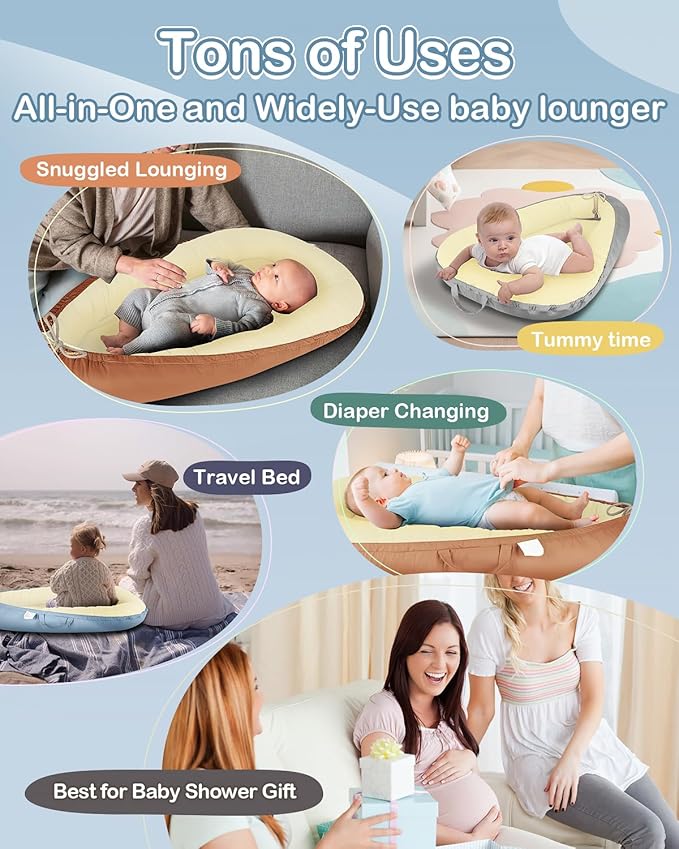 Baby Lounger - Infant Lounger for Newborn 0-25 Months, Waterproof Inner Cover and Pure Cotton Breathable Baby Nest Cover, Newborn Lounger for Baby Boys&Girls, Portable Baby Bed for Home and Travel-CubbioJoy