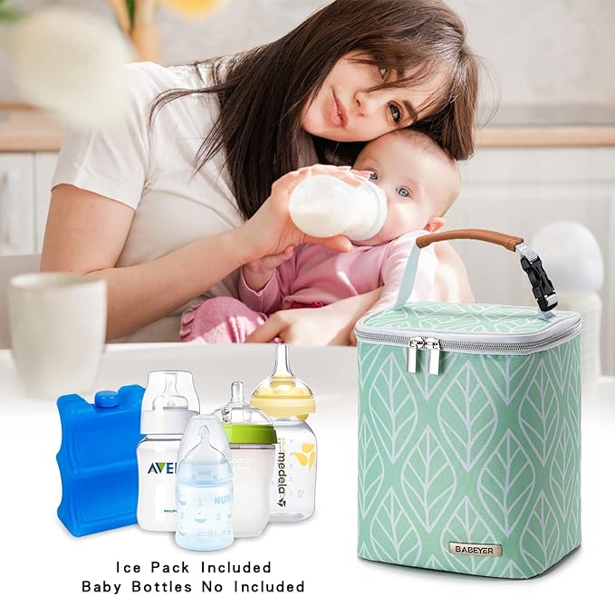 Breast Milk Cooler Bag with Ice Pack Fits 4 Baby Bottles Up to 9 Ounce, Baby Bottle Bag for Nursing Mom Daycare-Green-CubbioJoy