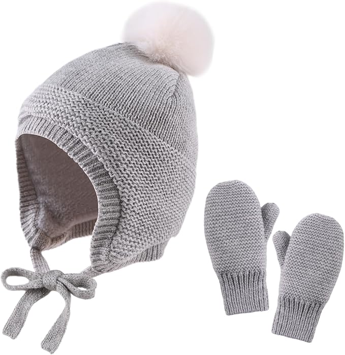 Basic Winter Baby Beanie Gloves Boys Girls Knitted Hat Pompom Kids Earflap Hats Warm Infant Toddler Beanie Mittens Set-CubbioJoy