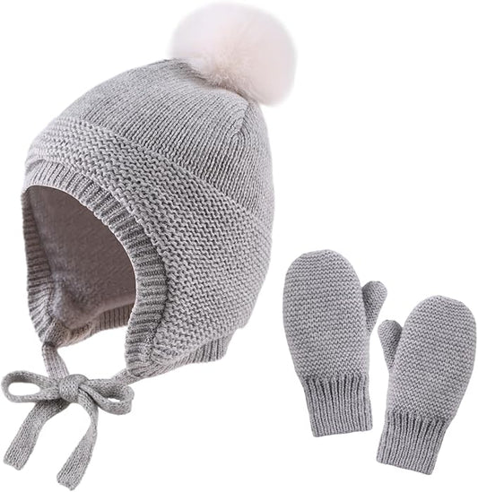 Basic Winter Baby Beanie Gloves Boys Girls Knitted Hat Pompom Kids Earflap Hats Warm Infant Toddler Beanie Mittens Set-CubbioJoy