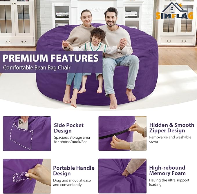 5FT Bean Bag Chair, Large Bean Bag Chairs with Memory Foam Filled, Fluffy Beanbag Sofa with Dutch Velvet Cover, Round BeanBag Chairs for Living Room, Playroom - Purple-CubbioJoy