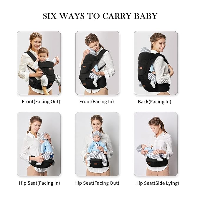 Baby Carrier with Hip Seat, Baby Carrier Newborn to Toddler, 6-in-1 Ways to Carry, All Seasons, Adjustable Baby Holder Carrier for Breastfeeding(Black)-CubbioJoy